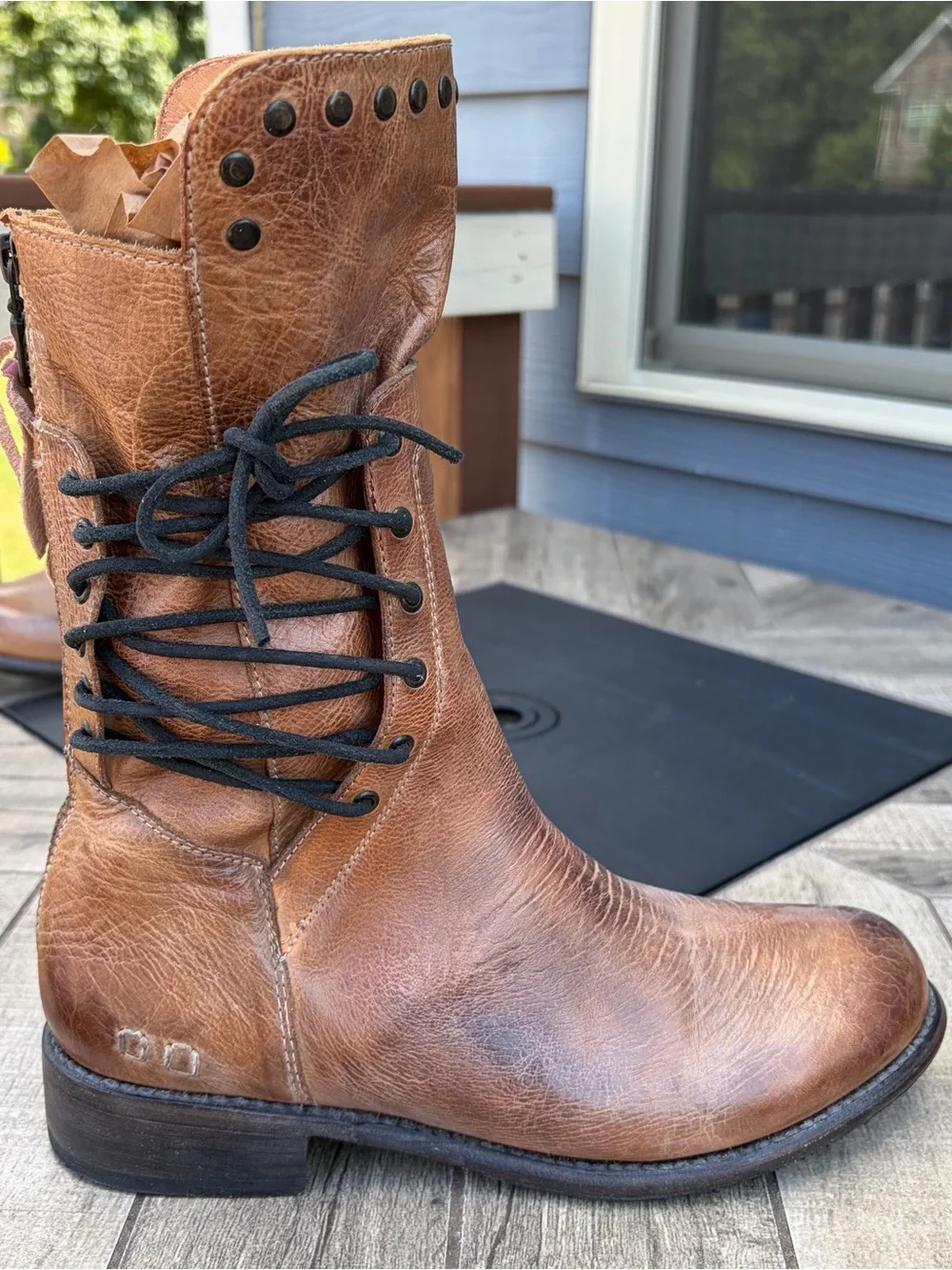 Bed Stu Fen Boot Sz 9.5 Alkaline Rustic Studded Corset Lace Up Leather Mid Calf